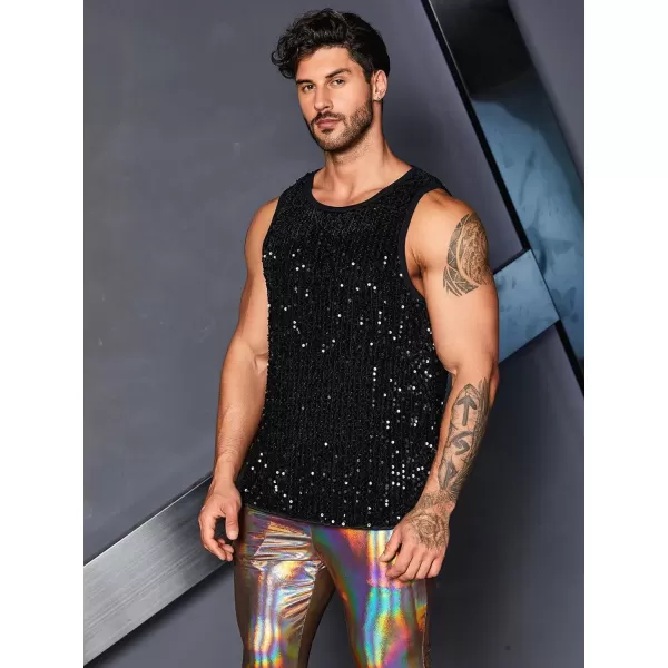WDIRARA Men's Plus Size Sequin Sleeveless Round Neck Tank Top T Shirt Party Clubwear Top