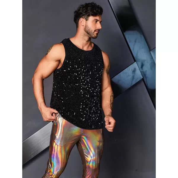 WDIRARA Men's Plus Size Sequin Sleeveless Round Neck Tank Top T Shirt Party Clubwear Top