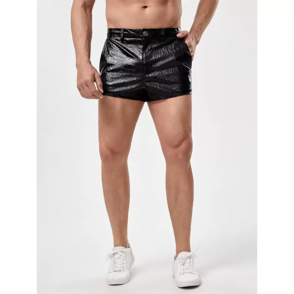 WDIRARA Men's Pu Leather Button Pocket Zipper Fly Street Wear Straight Leg Shorts