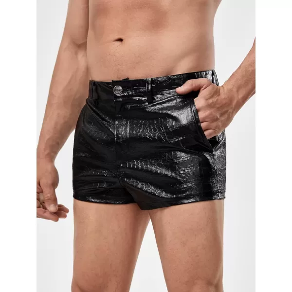 WDIRARA Men's Pu Leather Button Pocket Zipper Fly Street Wear Straight Leg Shorts
