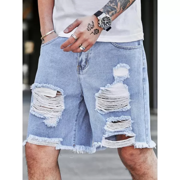 WDIRARA Men's Ripped Denim Shorts Straight Leg Raw Hem Frayed Distressed Jean Shorts Pants