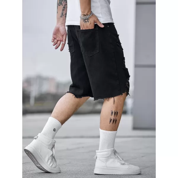 WDIRARA Men's Ripped Denim Shorts Straight Leg Raw Hem Frayed Distressed Jean Shorts Pants