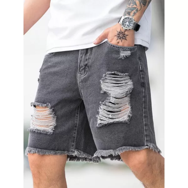 WDIRARA Men's Ripped Denim Shorts Straight Leg Raw Hem Frayed Distressed Jean Shorts Pants