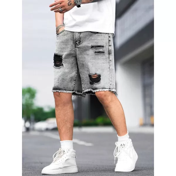 WDIRARA Men's Ripped Denim Shorts Straight Leg Raw Hem Frayed Distressed Jean Shorts Pants