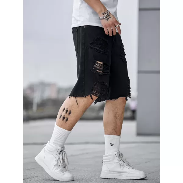 WDIRARA Men's Ripped Denim Shorts Straight Leg Raw Hem Frayed Distressed Jean Shorts Pants