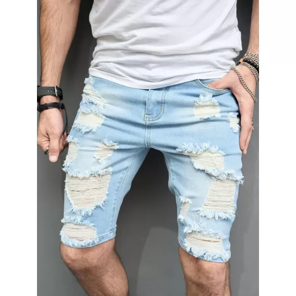 WDIRARA Men's Ripped Denim Shorts Straight Leg Raw Hem Frayed Distressed Jean Shorts Pants