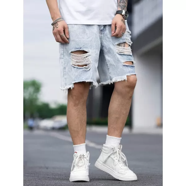 WDIRARA Men's Ripped Denim Shorts Straight Leg Raw Hem Frayed Distressed Jean Shorts Pants