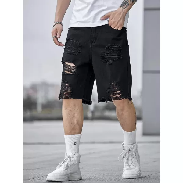 WDIRARA Men's Ripped Denim Shorts Straight Leg Raw Hem Frayed Distressed Jean Shorts Pants