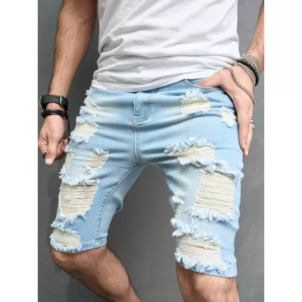 WDIRARA Men's Ripped Denim Shorts Straight Leg Raw Hem Frayed Distressed Jean Shorts Pants