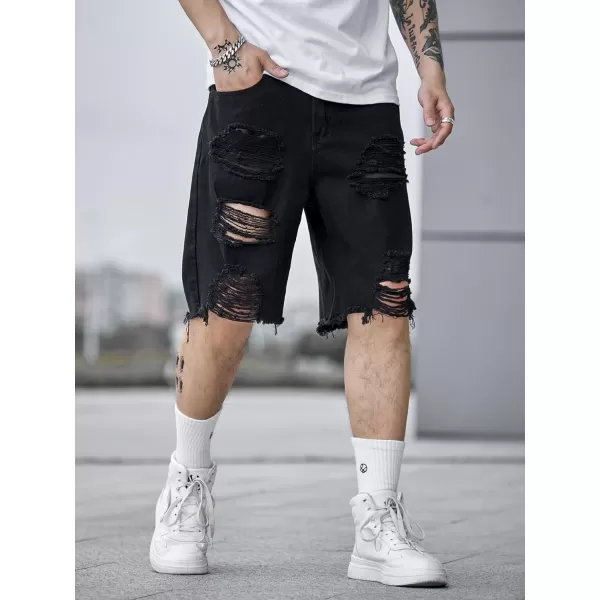 WDIRARA Men's Ripped Denim Shorts Straight Leg Raw Hem Frayed Distressed Jean Shorts Pants
