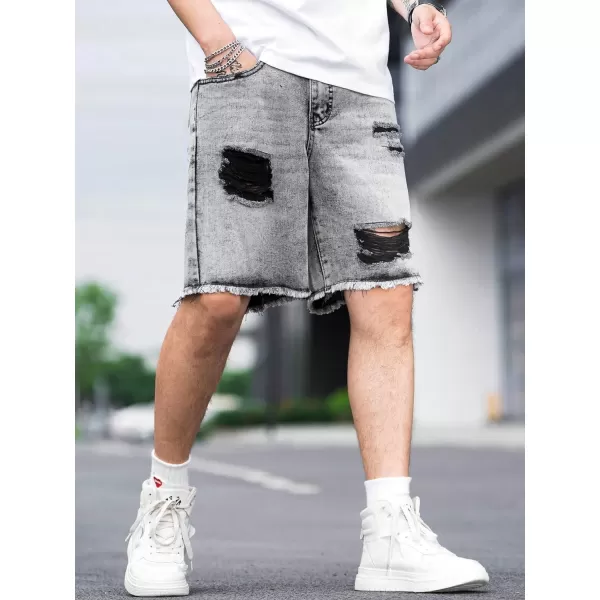 WDIRARA Men's Ripped Denim Shorts Straight Leg Raw Hem Frayed Distressed Jean Shorts Pants