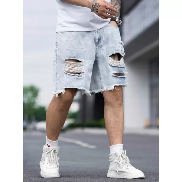 WDIRARA Men's Ripped Denim Shorts Straight Leg Raw Hem Frayed Distressed Jean Shorts Pants