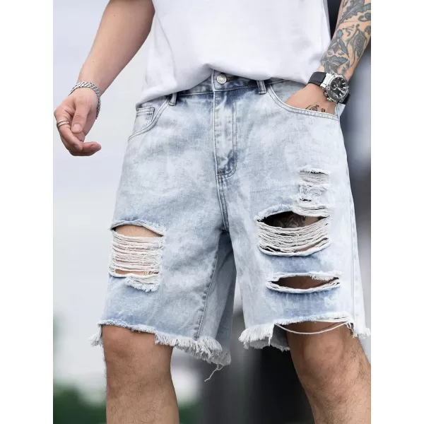 WDIRARA Men's Ripped Denim Shorts Straight Leg Raw Hem Frayed Distressed Jean Shorts Pants