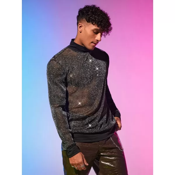 WDIRARA Men's Round Neck Long Sleeve Glitter Sweatshirt Party Club Metallic Tops