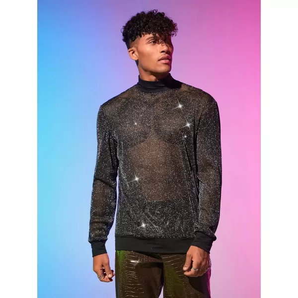 WDIRARA Men's Round Neck Long Sleeve Glitter Sweatshirt Party Club Metallic Tops