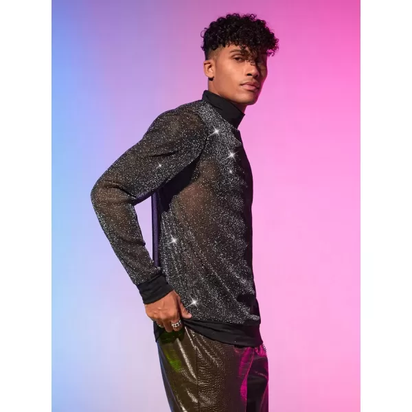 WDIRARA Men's Round Neck Long Sleeve Glitter Sweatshirt Party Club Metallic Tops