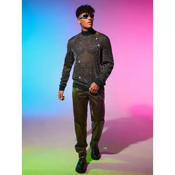 WDIRARA Men's Round Neck Long Sleeve Glitter Sweatshirt Party Club Metallic Tops