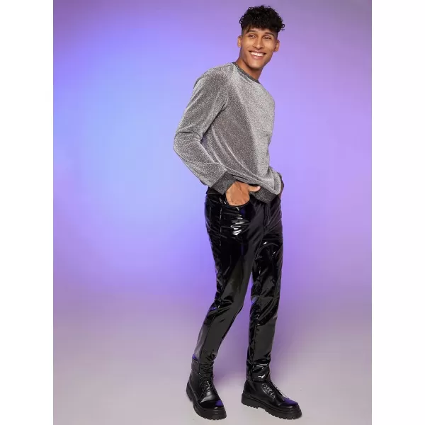 WDIRARA Men's Round Neck Long Sleeve Glitter Sweatshirt Party Club Metallic Tops