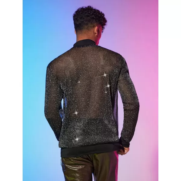 WDIRARA Men's Round Neck Long Sleeve Glitter Sweatshirt Party Club Metallic Tops