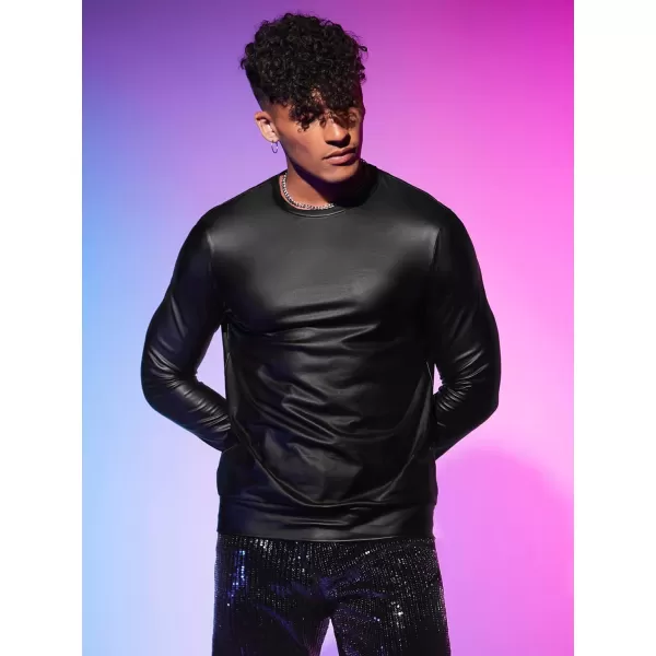 WDIRARA Men's Round Neck Long Sleeve PU Leather Sweatshirt Party Club Pullovers