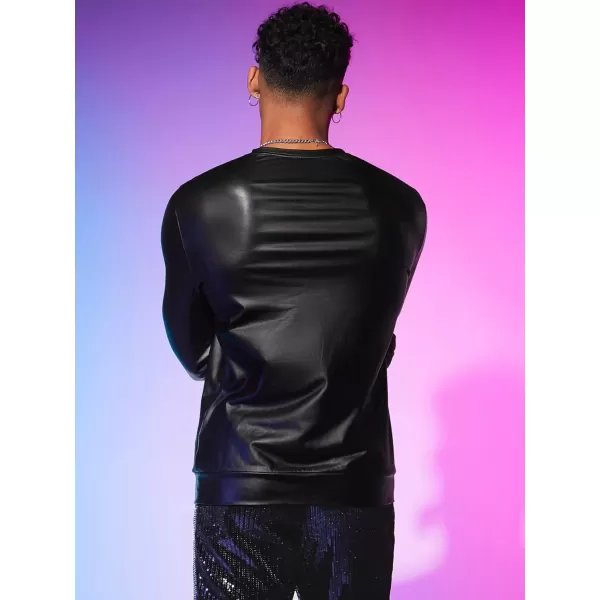 WDIRARA Men's Round Neck Long Sleeve PU Leather Sweatshirt Party Club Pullovers