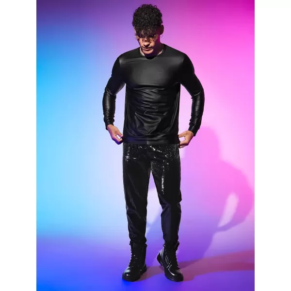 WDIRARA Men's Round Neck Long Sleeve PU Leather Sweatshirt Party Club Pullovers