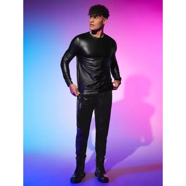 WDIRARA Men's Round Neck Long Sleeve PU Leather Sweatshirt Party Club Pullovers