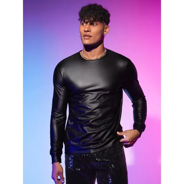 WDIRARA Men's Round Neck Long Sleeve PU Leather Sweatshirt Party Club Pullovers