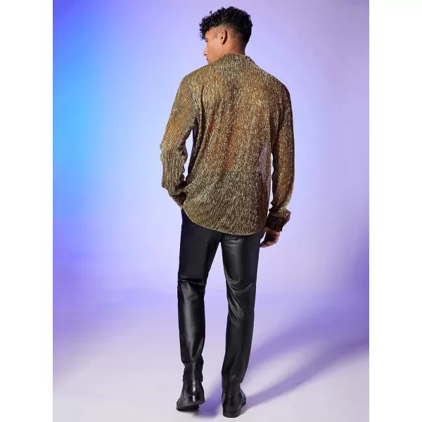 WDIRARA Men's Sheer Mesh See Through Glitter Button Front Long Sleeve Shirt Tops