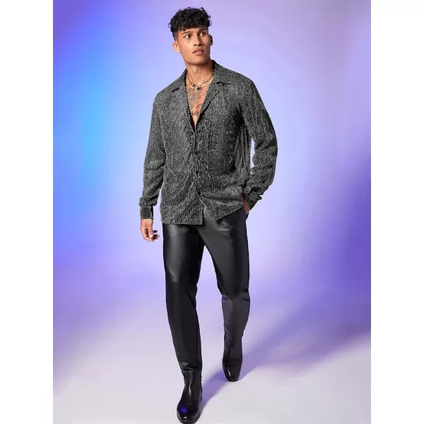 WDIRARA Men's Sheer Mesh See Through Glitter Button Front Long Sleeve Shirt Tops