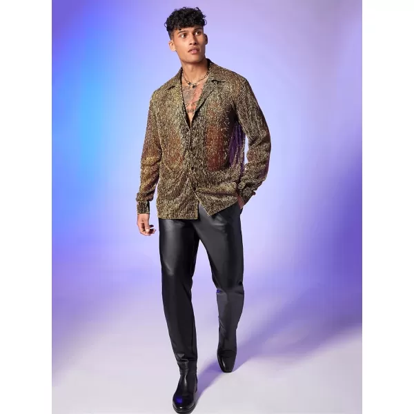 WDIRARA Men's Sheer Mesh See Through Glitter Button Front Long Sleeve Shirt Tops