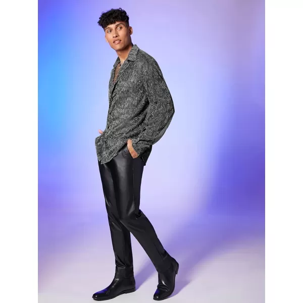 WDIRARA Men's Sheer Mesh See Through Glitter Button Front Long Sleeve Shirt Tops