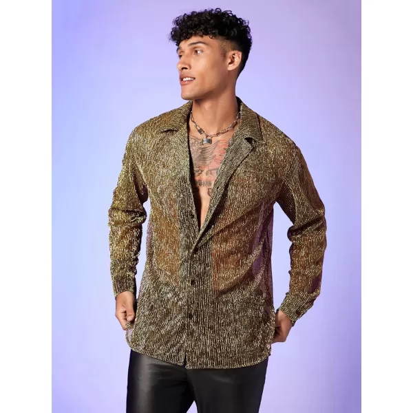 WDIRARA Men's Sheer Mesh See Through Glitter Button Front Long Sleeve Shirt Tops