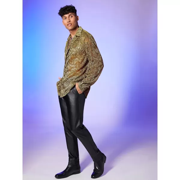 WDIRARA Men's Sheer Mesh See Through Glitter Button Front Long Sleeve Shirt Tops