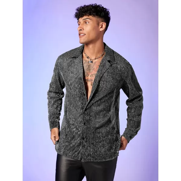 WDIRARA Men's Sheer Mesh See Through Glitter Button Front Long Sleeve Shirt Tops