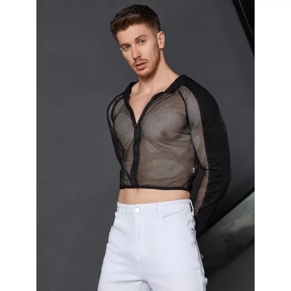 WDIRARA Men's Sheer Mesh Zip Front Hooded Long Sleeve Sweatshirt See Through Party Top