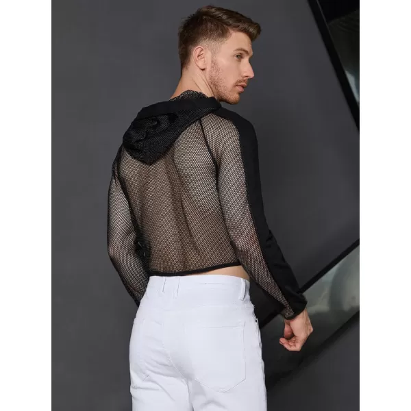 WDIRARA Men's Sheer Mesh Zip Front Hooded Long Sleeve Sweatshirt See Through Party Top