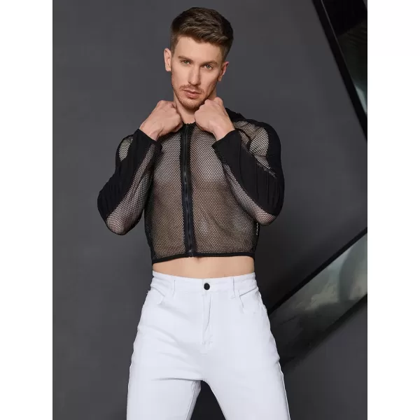 WDIRARA Men's Sheer Mesh Zip Front Hooded Long Sleeve Sweatshirt See Through Party Top