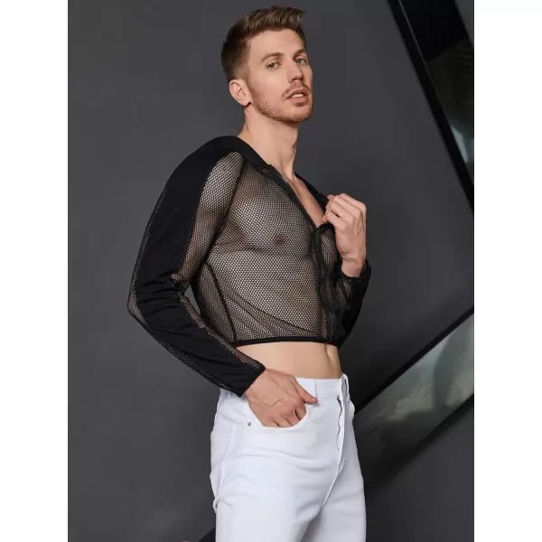 WDIRARA Men's Sheer Mesh Zip Front Hooded Long Sleeve Sweatshirt See Through Party Top