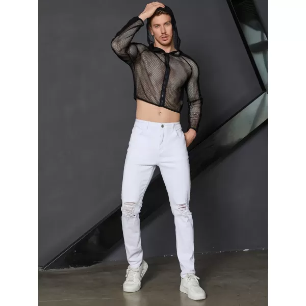 WDIRARA Men's Sheer Mesh Zip Front Hooded Long Sleeve Sweatshirt See Through Party Top