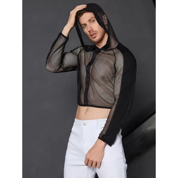 WDIRARA Men's Sheer Mesh Zip Front Hooded Long Sleeve Sweatshirt See Through Party Top