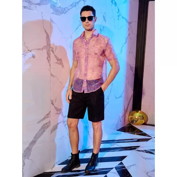 WDIRARA Men's Sheer Ombre Button Down Short Sleeve Organza Party Disco Shirt Top