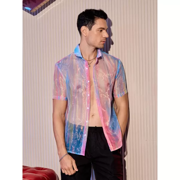 WDIRARA Men's Sheer Ombre Button Down Short Sleeve Organza Party Disco Shirt Top
