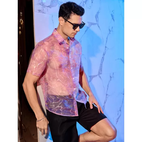 WDIRARA Men's Sheer Ombre Button Down Short Sleeve Organza Party Disco Shirt Top