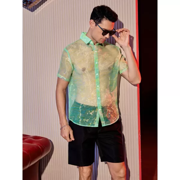 WDIRARA Men's Sheer Ombre Button Down Short Sleeve Organza Party Disco Shirt Top