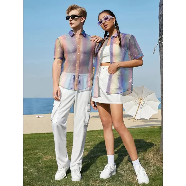 WDIRARA Men's Sheer Ombre Button Down Short Sleeve Organza Party Disco Shirt Top