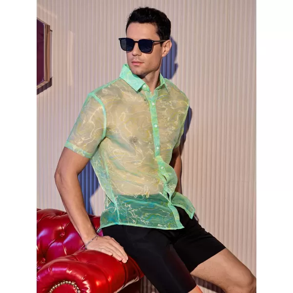 WDIRARA Men's Sheer Ombre Button Down Short Sleeve Organza Party Disco Shirt Top