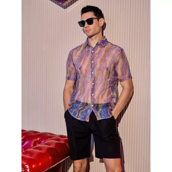 WDIRARA Men's Sheer Ombre Button Down Short Sleeve Organza Party Disco Shirt Top