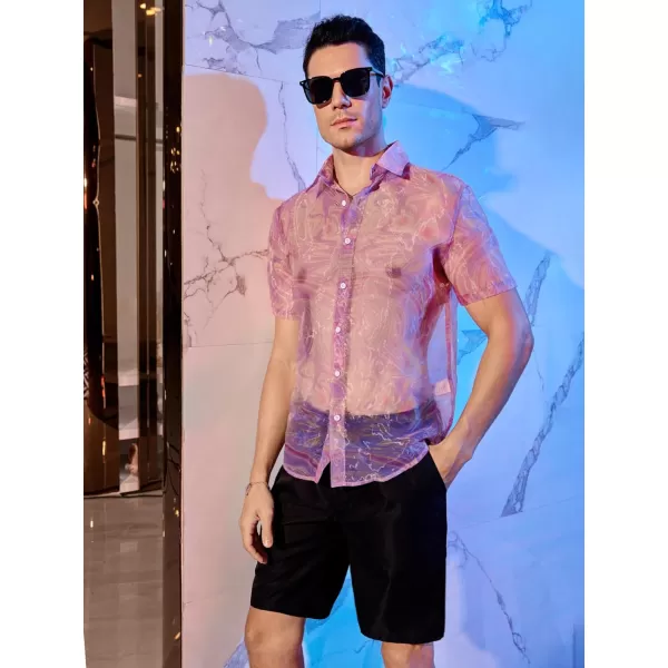 WDIRARA Men's Sheer Ombre Button Down Short Sleeve Organza Party Disco Shirt Top
