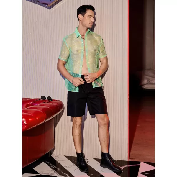 WDIRARA Men's Sheer Ombre Button Down Short Sleeve Organza Party Disco Shirt Top